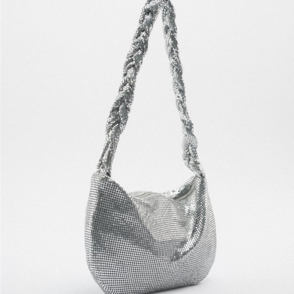 SILVER MESH ZARA SHOULDER BAG WITH BRAIDED STRAP
